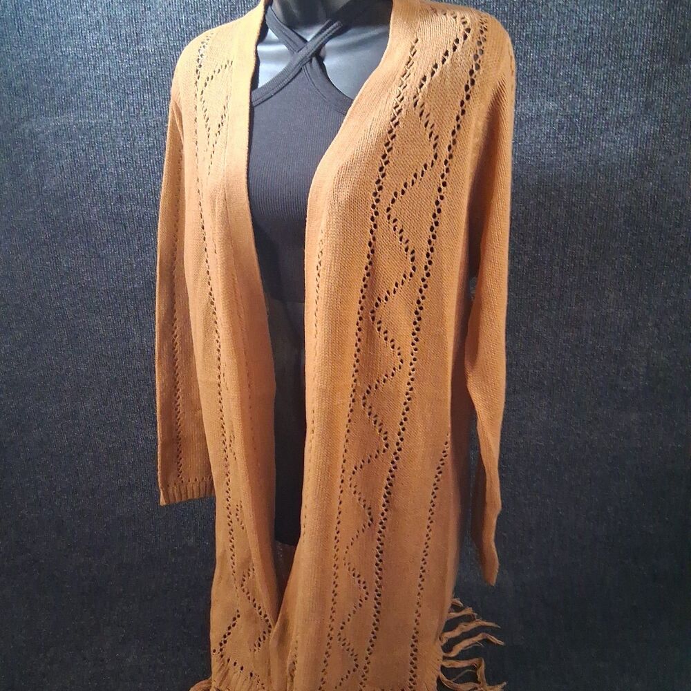 CW Classics Pumpkin Open Knit Fringe Duster Cardigan Sweater Autumn Fall Sz M